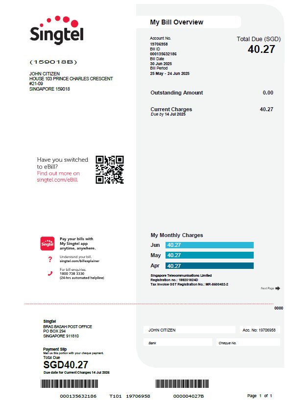 Singapore Singtel utility bill template in Word and PDF formats